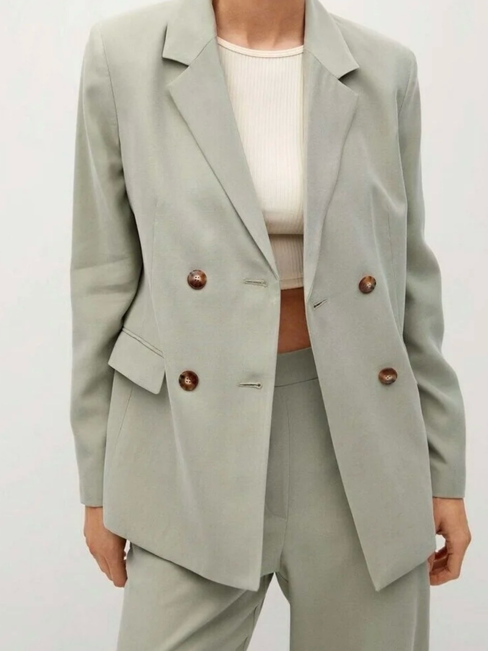 Mango Light Green Sage Double-Breasted Blazer